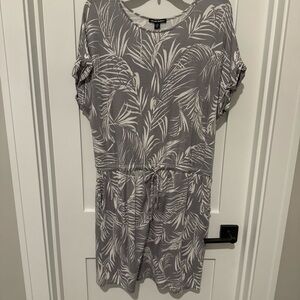 HILARY RADLEY Dress Women Large Gray White Floral Leaf Drawstring Waist Pockets